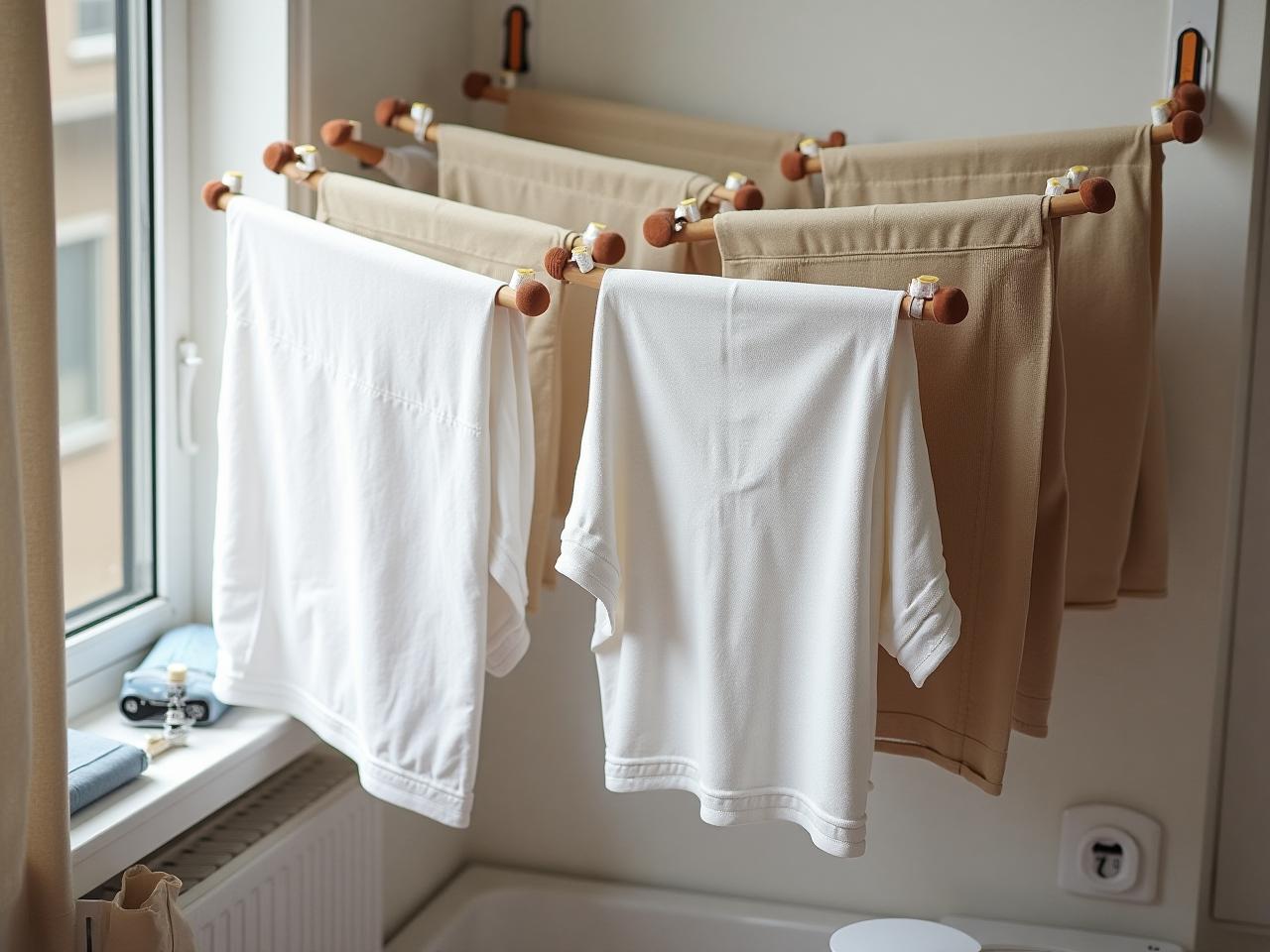 Elegant and creative solutions for drying laundry in a small apartment during winter, blending aesthetics and functionality.