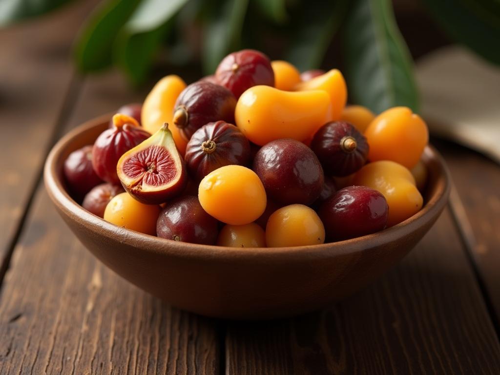 A bowl of colorful dried fruits, including dates, apricots, and figs, arranged on a wooden table.