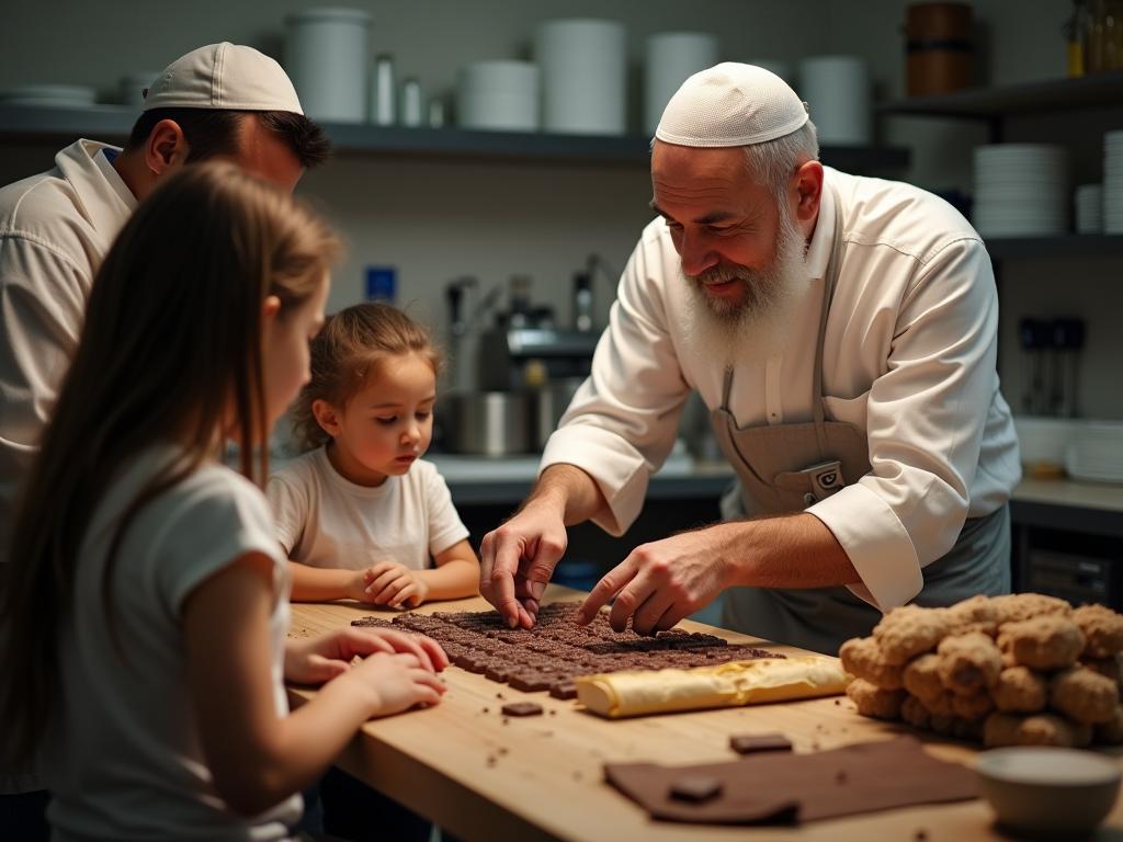 A family visiting a kosher chocolate factory with a rabbi supervising the production