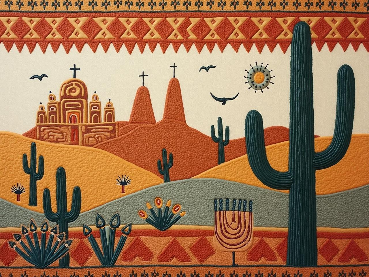 Textile art in desert boho style with natural colors and geometric patterns, reminiscent of the desert landscape.