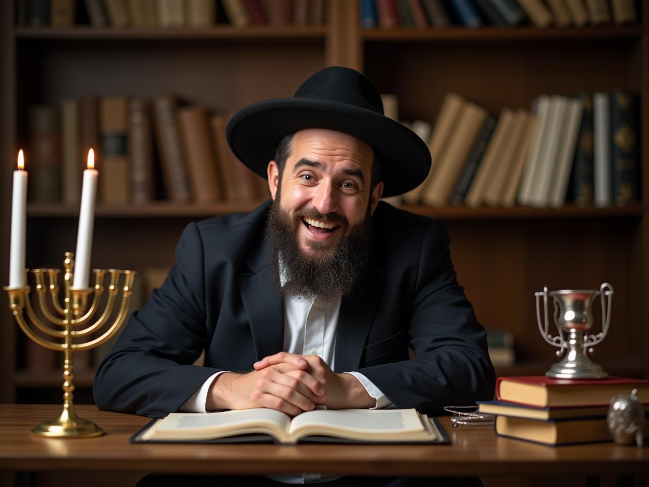 A young Haredi man with a playful expression, surrounded by religious books and ritual objects.