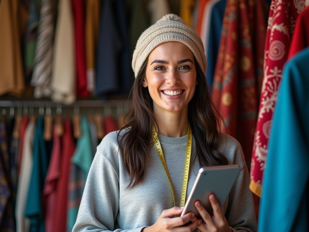 A smiling woman with a head covering, surrounded by colorful fabrics and clothing, holding a measuring tape and a tablet with online shopping websites displayed.