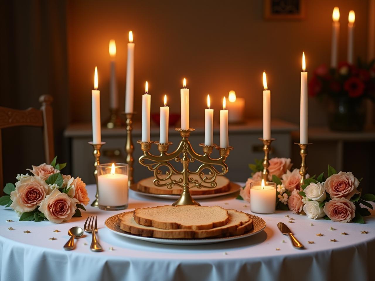 A beautifully decorated Shabbat table with candles, flowers, and a white tablecloth.