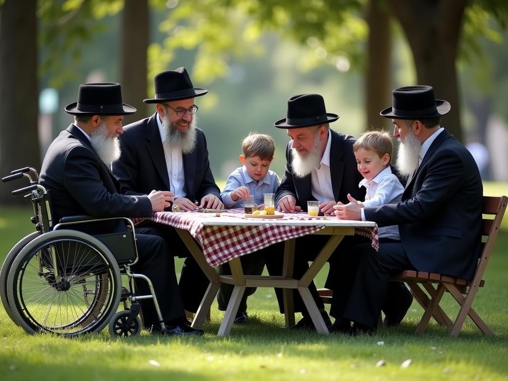 A group of Orthodox Jewish men and children enjoying a picnic in a park, with a wheelchair visible in the background.