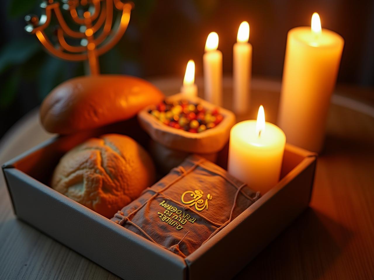 A beautifully arranged Shabbat hospitality box with candles, a prayer book, and challah bread, radiating warmth and Jewish joy.