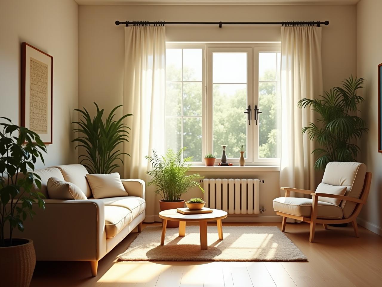 A bright and airy living room with open windows, plants, and sunlight streaming in.