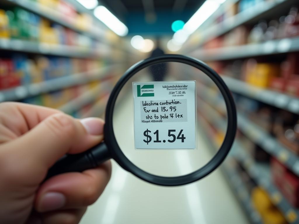 A hand holding a magnifying glass over a price tag in a supermarket.
