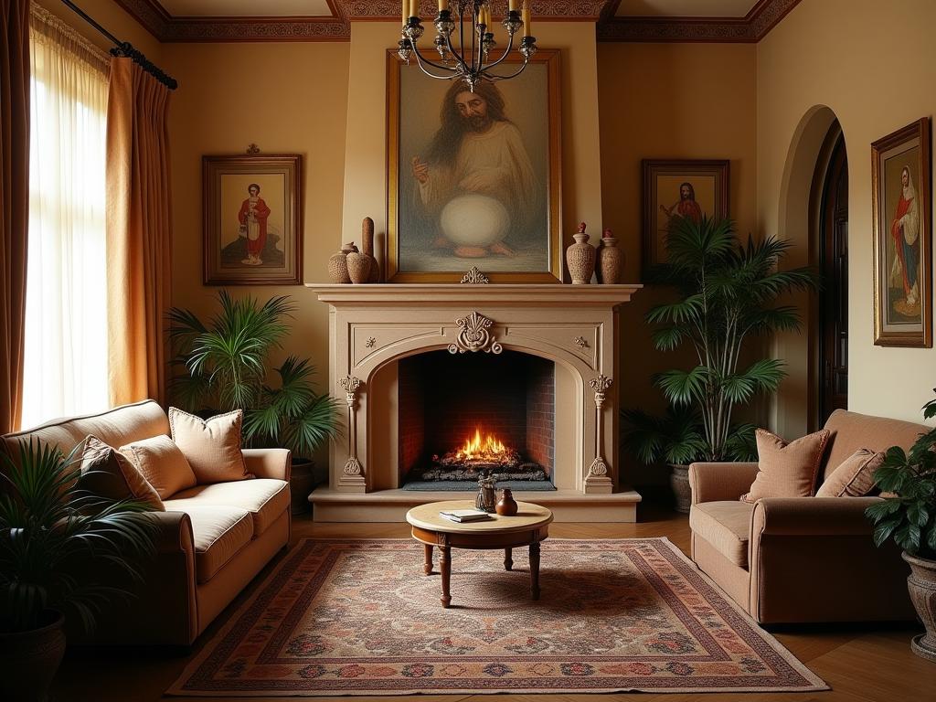 A beautifully decorated Jewish home with various art pieces, creating a warm and spiritual atmosphere.