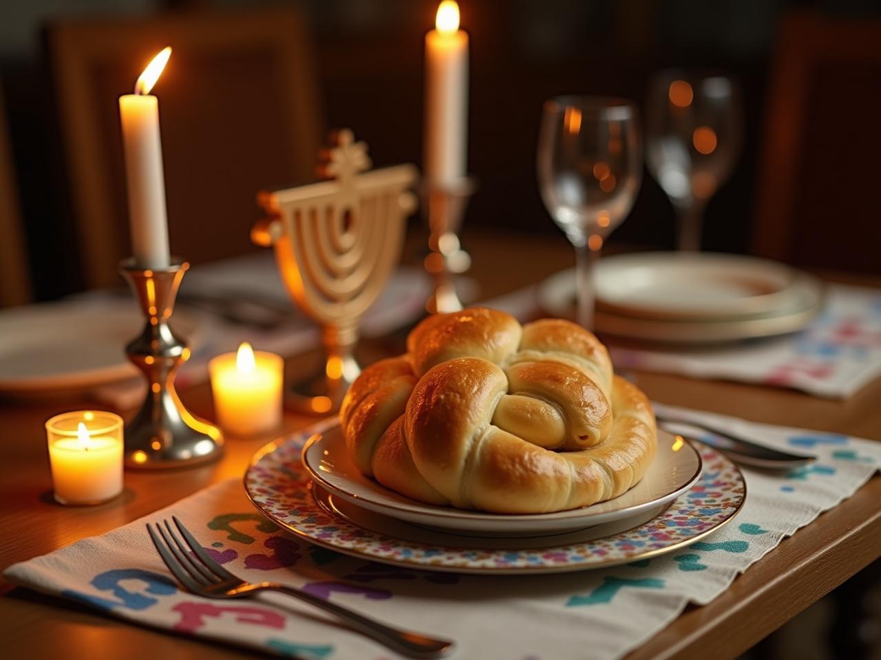 A beautifully set Shabbat table with a decorated challah, silver candlesticks, and a colorful challah cover. The warm light of candles creates a cozy and inviting atmosphere.