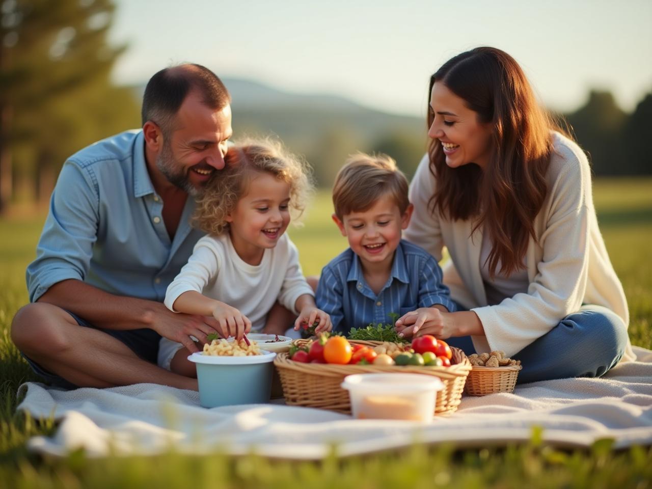 Family enjoying a picnic with organized food containers in a scenic location.