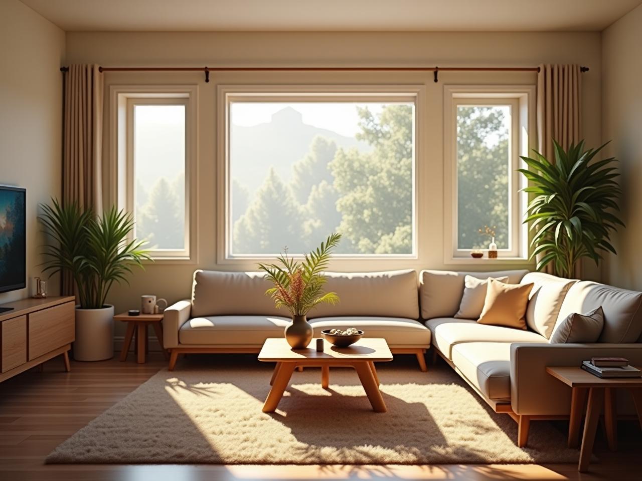 A warm and inviting living room with natural light, comfortable furniture, and personal touches.