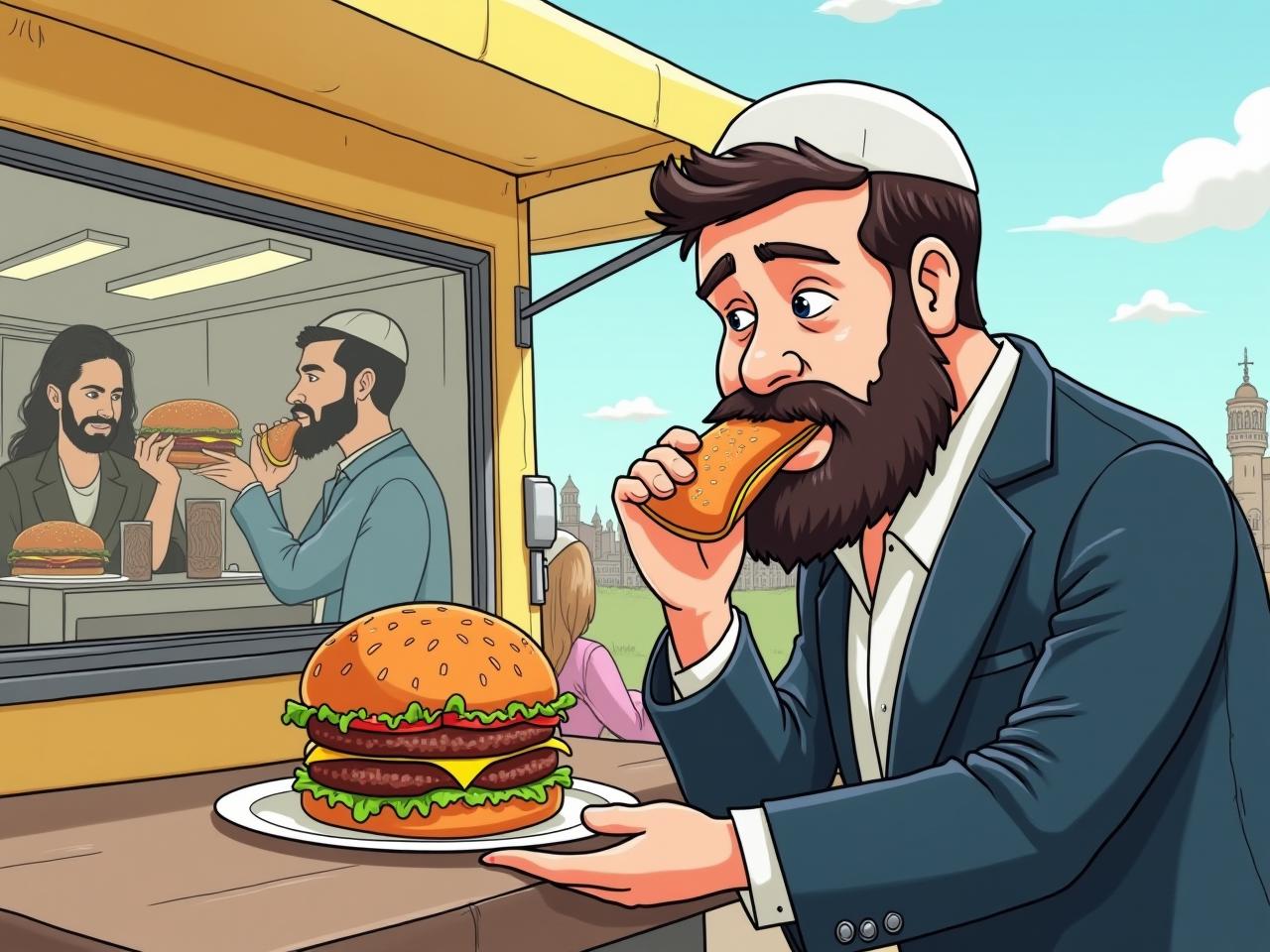 A humorous illustration of a young Haredi man enjoying a kosher burger at a food truck.