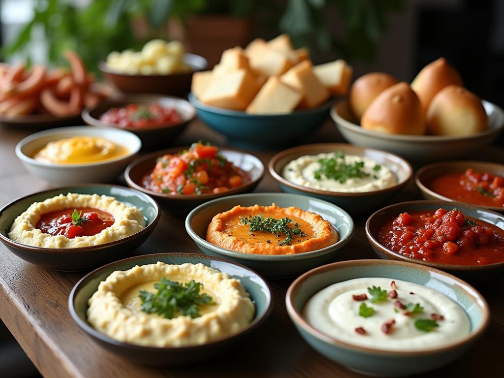 A table filled with various dips and spreads, including harissa, hummus, and schug, with challah bread.