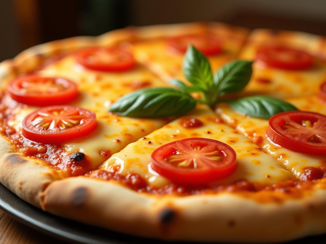 A close-up shot of a kosher pizza with melted cheese, fresh tomatoes, and basil leaves.