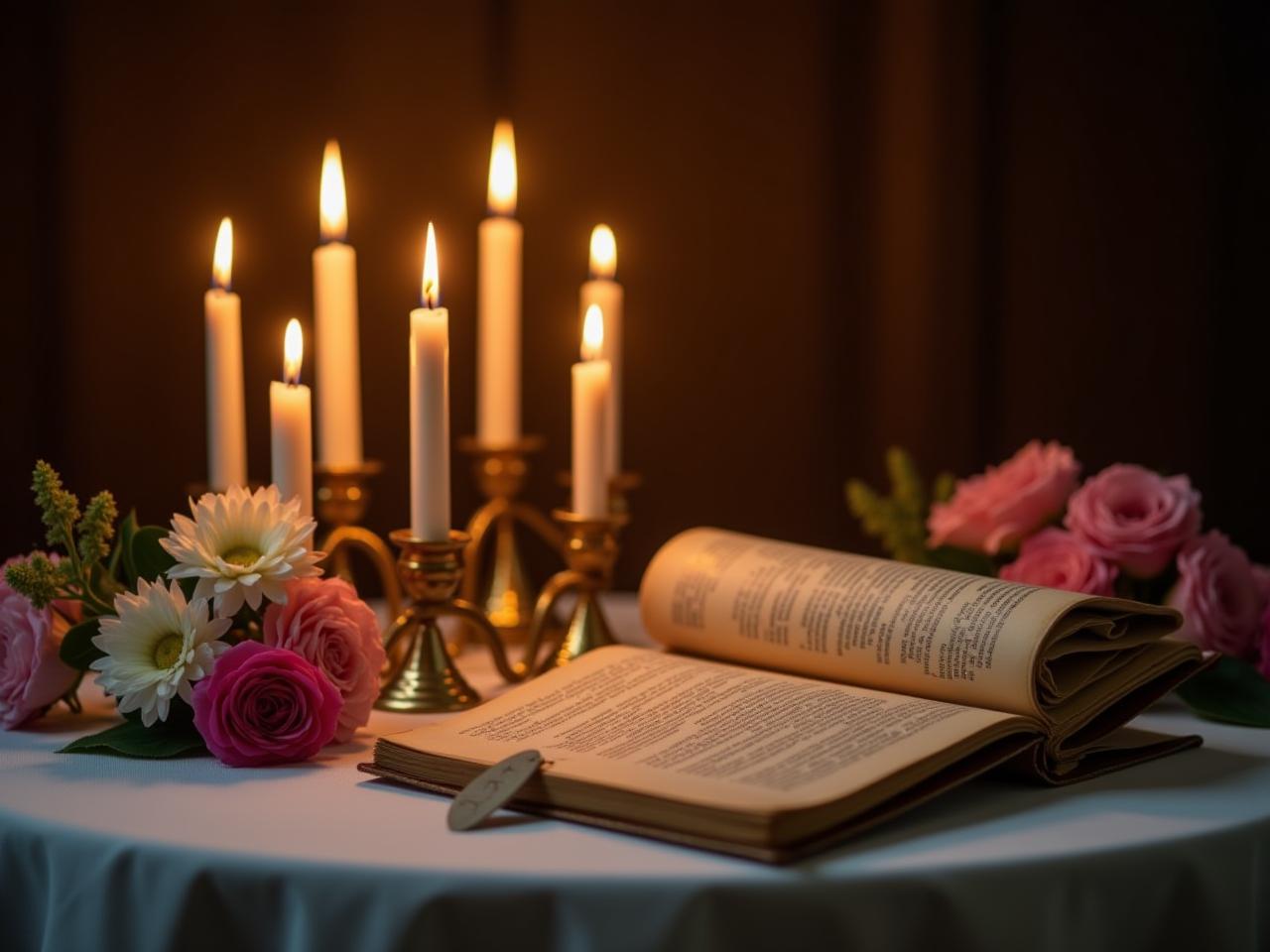 A beautifully decorated Shabbat table with lit candles, flowers, and a book of Psalms.