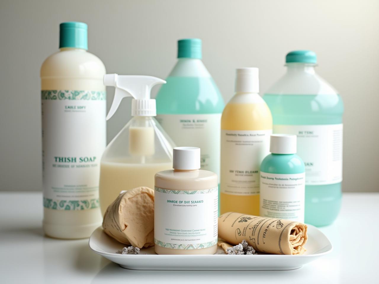 A collection of homemade cleaning and personal care products, including laundry detergent, dish soap, and air freshener, with ingredients like baking soda, vinegar, and essential oils.