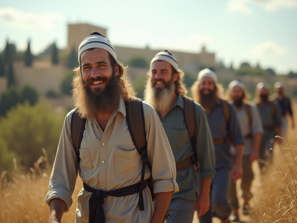 A group of young religious men hiking in a natural setting, with a historical monument visible in the background. The atmosphere is lighthearted and joyful.