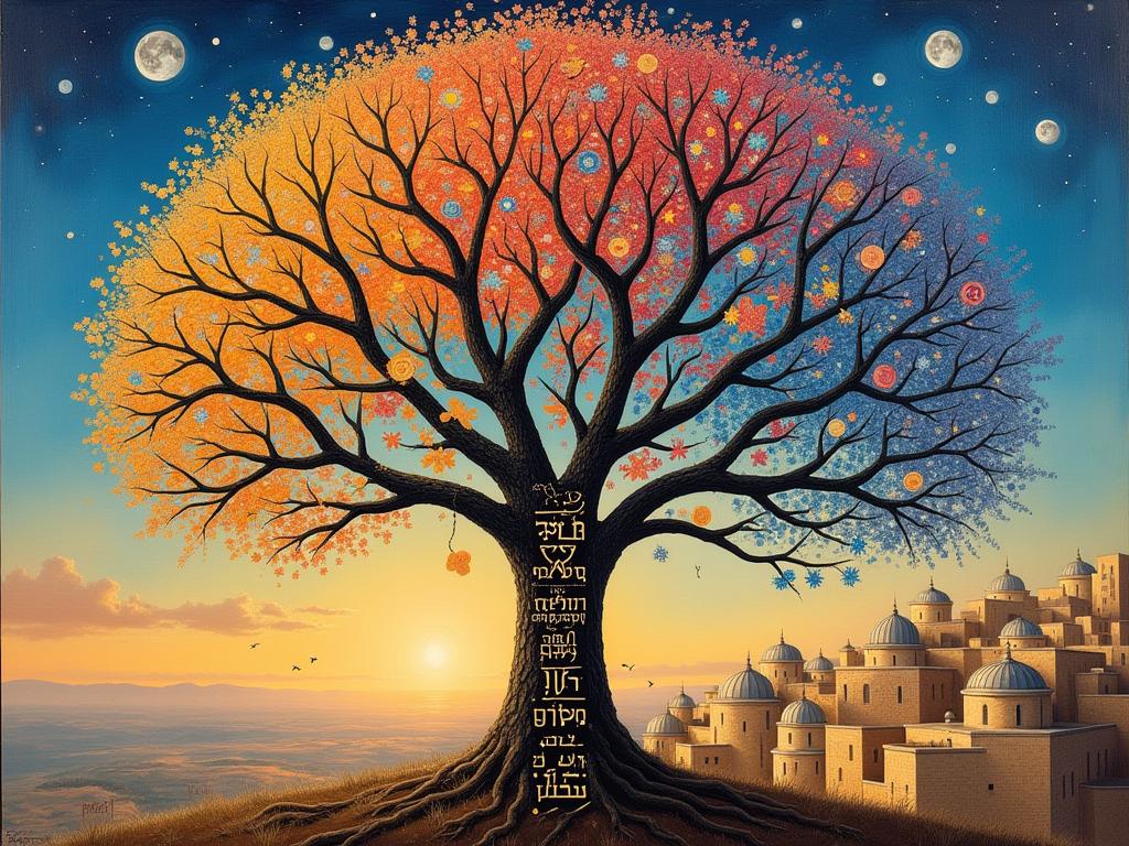 A colorful painting of the Tree of Life by Rabbi Yitzchak Duluya, showcasing Kabbalistic symbols and Hebrew letters, in the Old City of Safed.