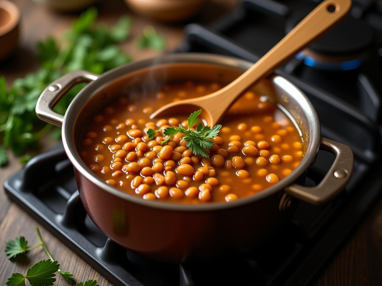 A pot of lentil stew simmering on the stove, with a wooden spoon resting on the side. Fresh herbs and spices are scattered around the pot.
