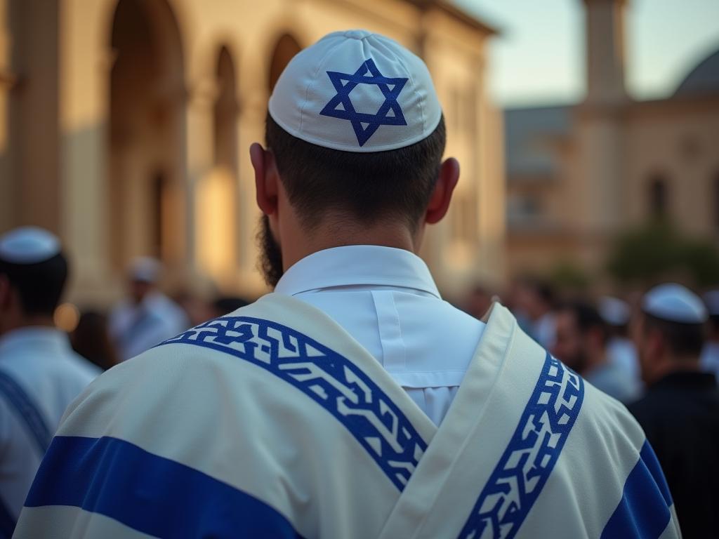 A man wearing a modern tzitzit protector, with a blurred background of a synagogue.
