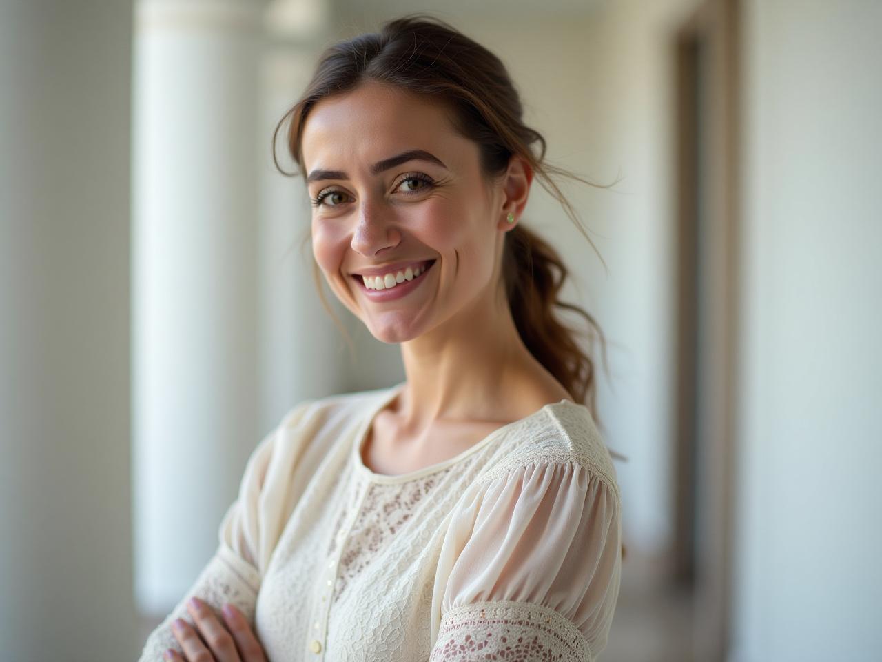 A woman wearing a modest dress with lace sleeves, smiling warmly at the camera.