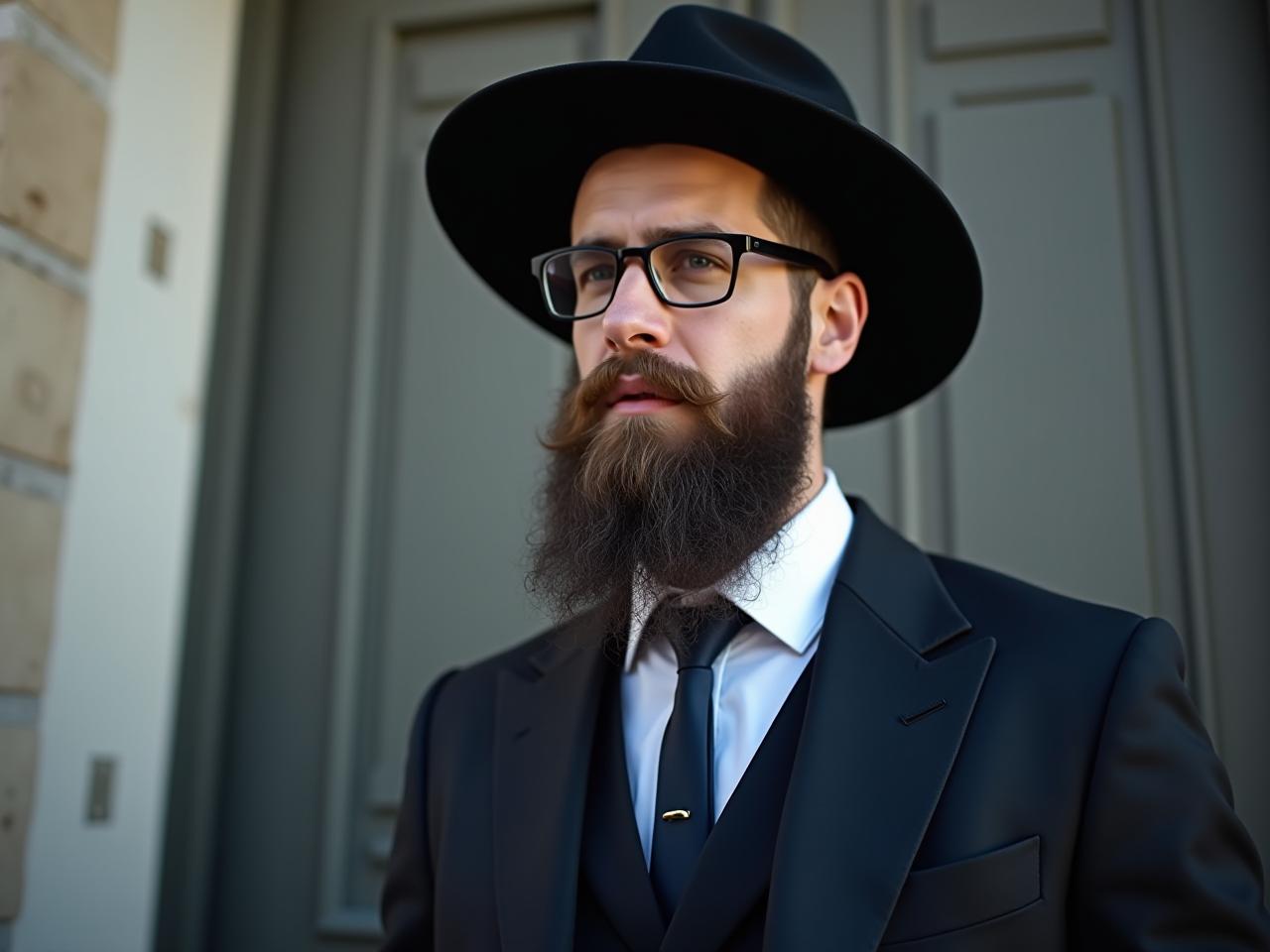 A stylishly dressed Orthodox Jewish man wearing a modern suit and hat.