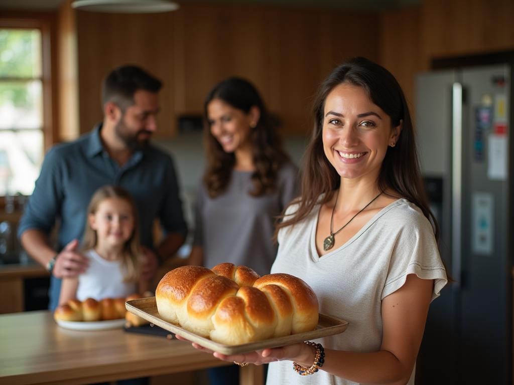 Dvorah Brandes, a smart shopping expert, smiles while holding a tray of freshly baked challah bread, surrounded by her family in a warm and inviting kitchen.