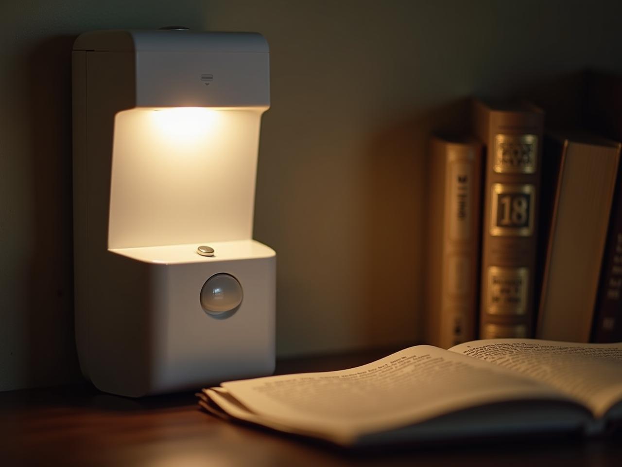 A photo of a motion sensor light next to religious books.