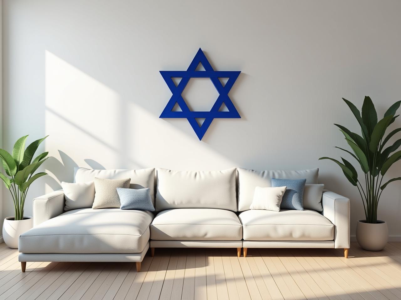 A modern living room with a Jewish symbol incorporated into the design.