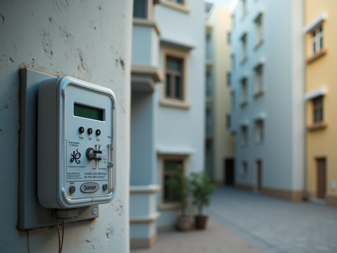 Digital water meter in a residential building, with a subtle overlay of Jewish symbols (e.g., a Mezuzah) to represent the intersection of technology and Halakha.