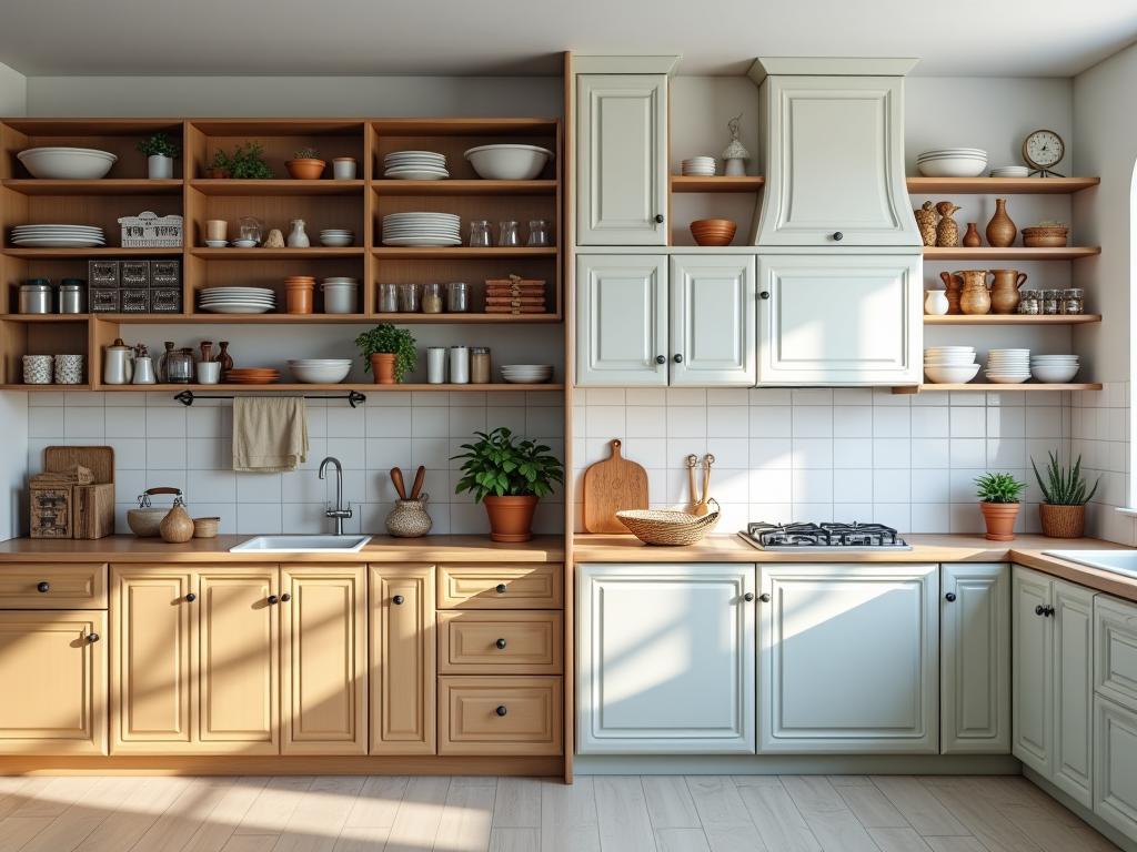 A cluttered kitchen before and after organization, showcasing space-saving storage solutions.
