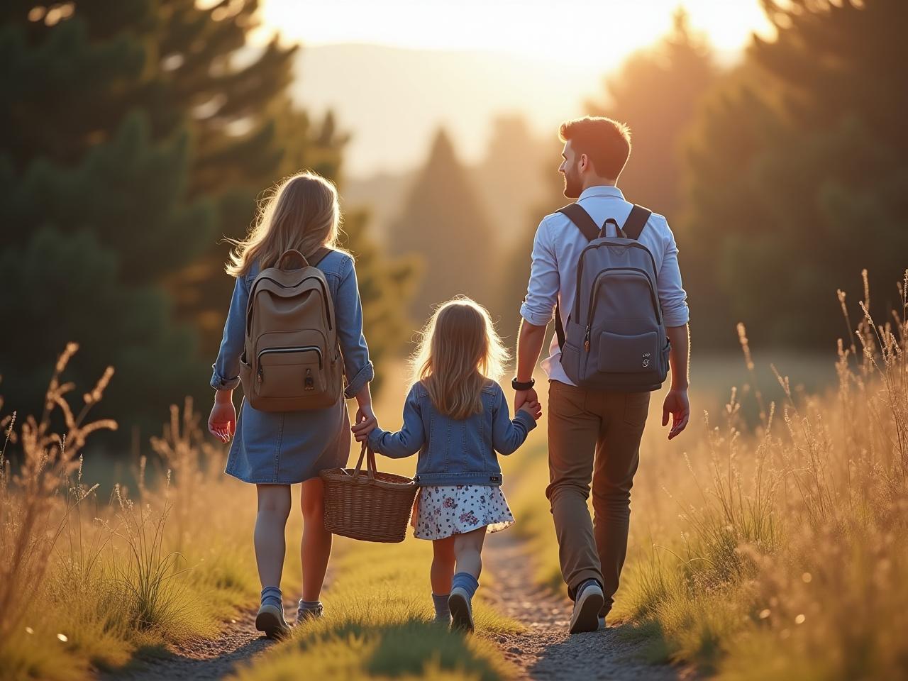 A family hiking in nature with a picnic basket.