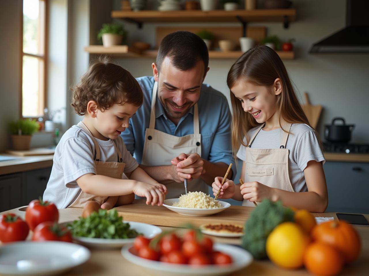 A family preparing food together in a kitchen, symbolizing meal prep and saving money.