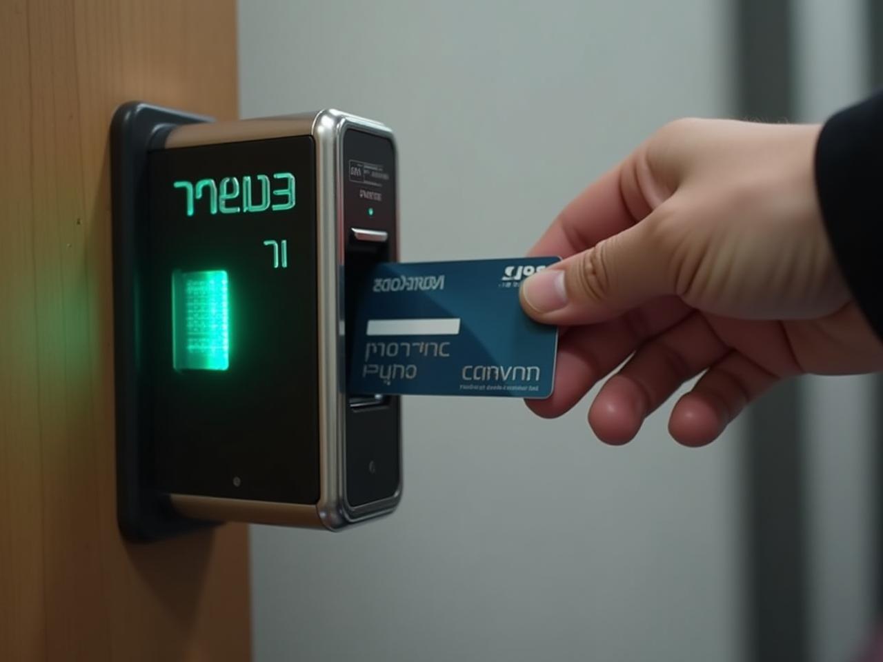 A magnetic card reader on a door, with a hand holding a magnetic card, symbolizing the technological and halachic dilemma discussed in the article.