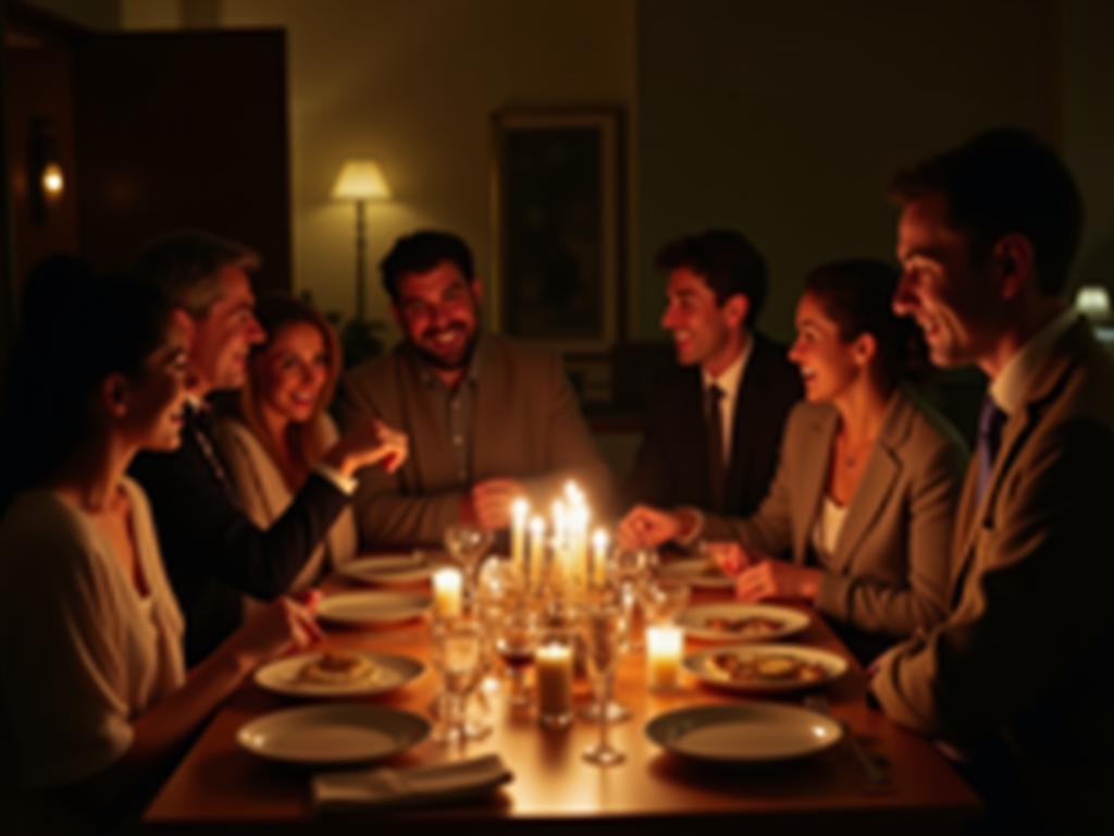 A group of people gathered around a table, smiling and enjoying a meal during a Shabbat Kiddush. The atmosphere is warm and inviting, with candles lit and traditional Jewish dishes on the table.