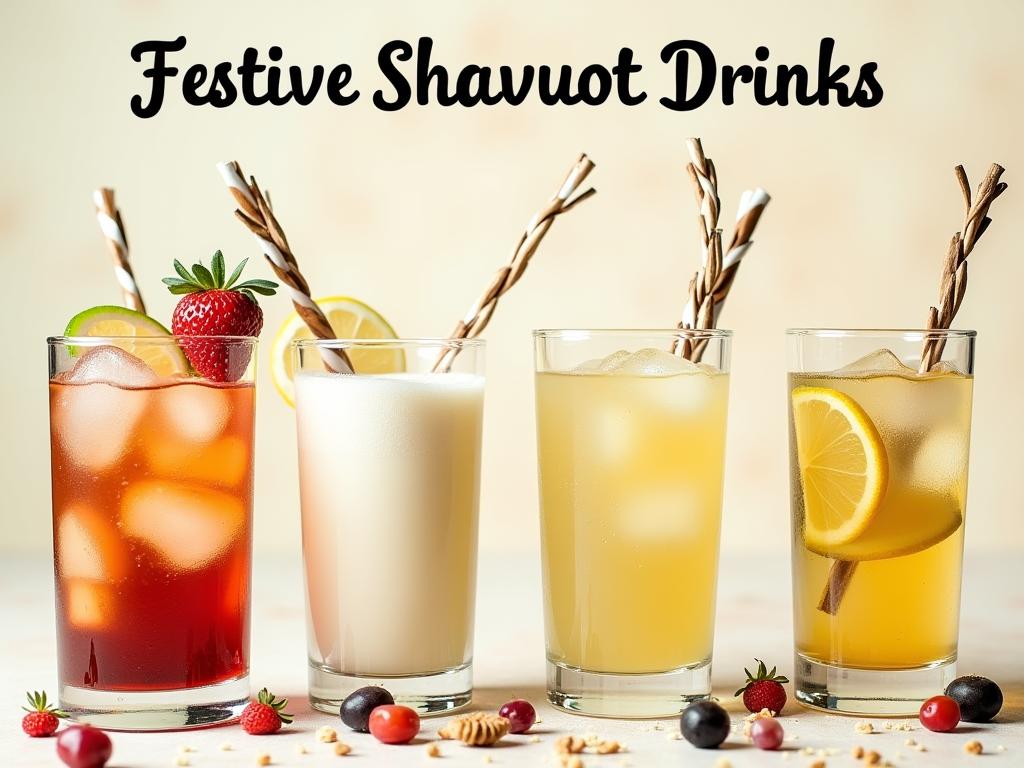 Festive Shavuot drinks: homemade liqueurs, refreshing dairy drinks, and flavored water, perfect for celebrating the holiday.