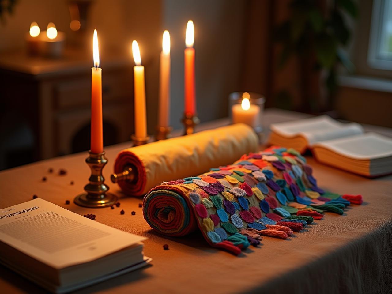 A beautifully decorated table with Shabbat candles, a challah cover made of colorful fabric scraps, and a modern Megillah.