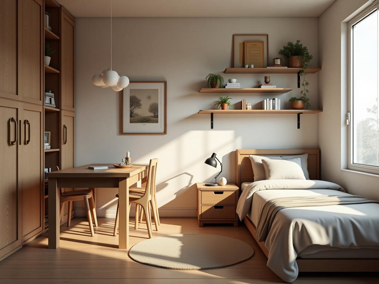 A cozy and organized small apartment with modular furniture solutions, including a folding table, storage bed, and floating shelves.