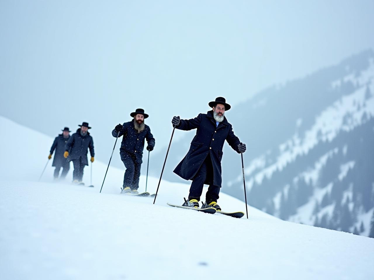 A group of Orthodox Jewish men skiing down a snow-covered mountain.