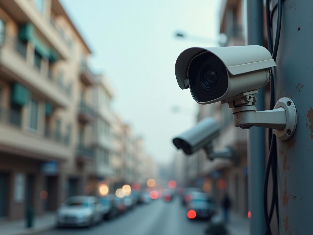 A street scene with security cameras visible, discussed from a Halachic perspective.