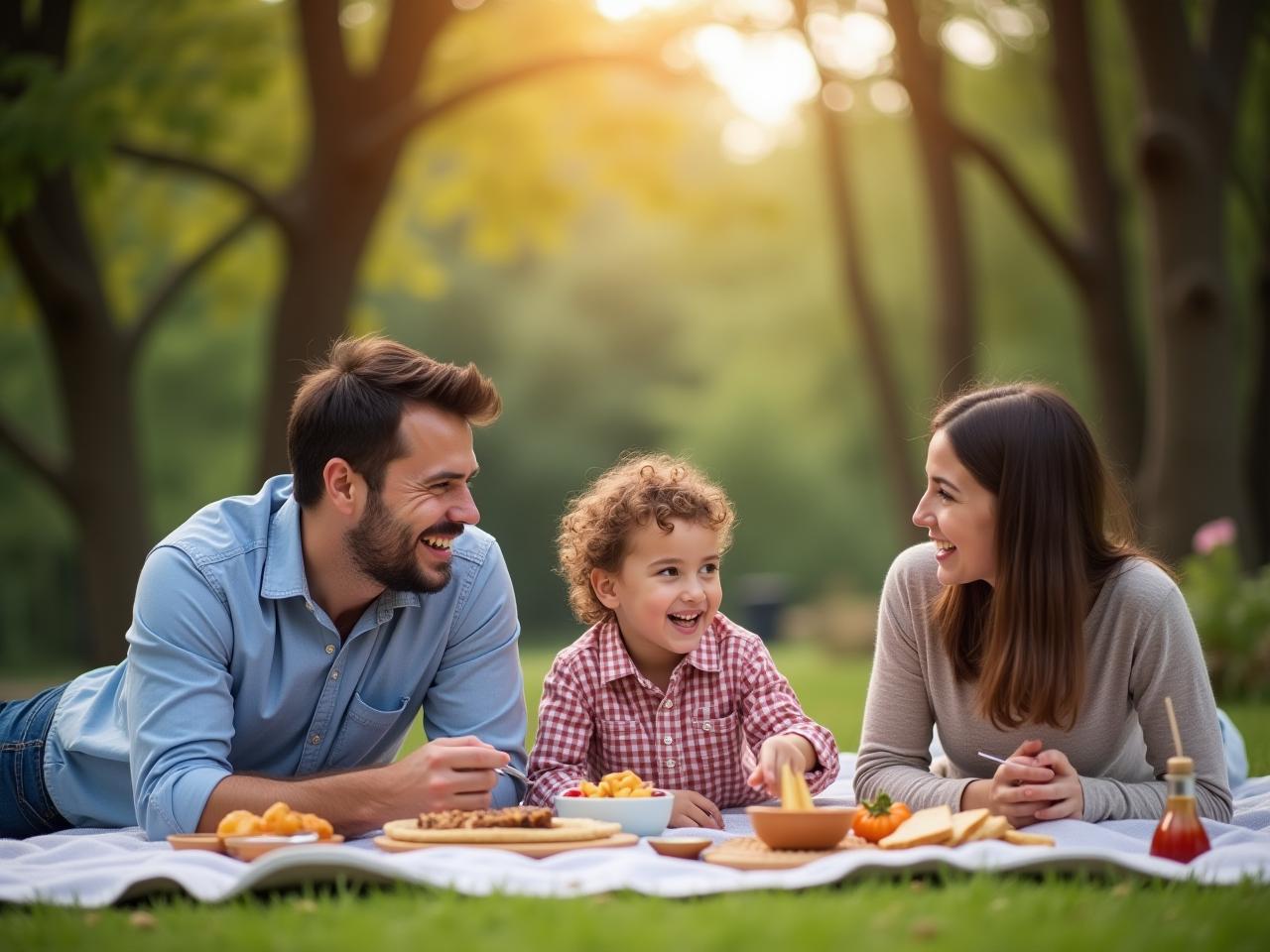 A family enjoying a picnic in nature with kosher food.