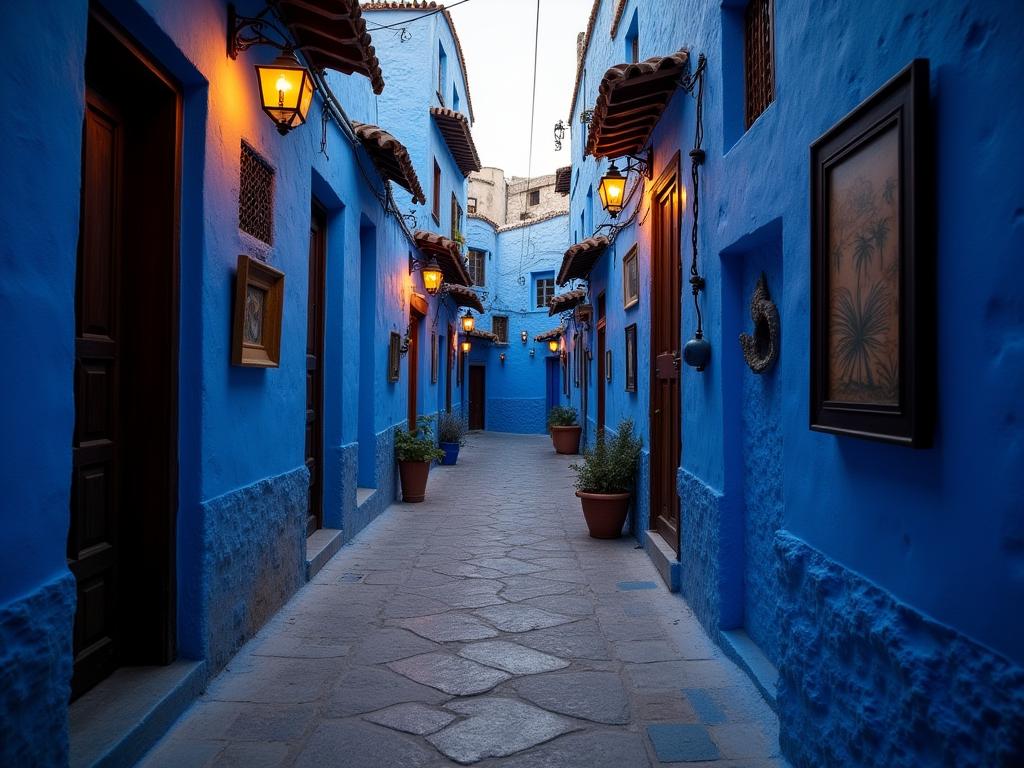 A picturesque alley in Safed, Israel, with blue stone buildings and artistic displays, illuminated by warm evening light, evoking a sense of ancient mysticism and artistic inspiration.