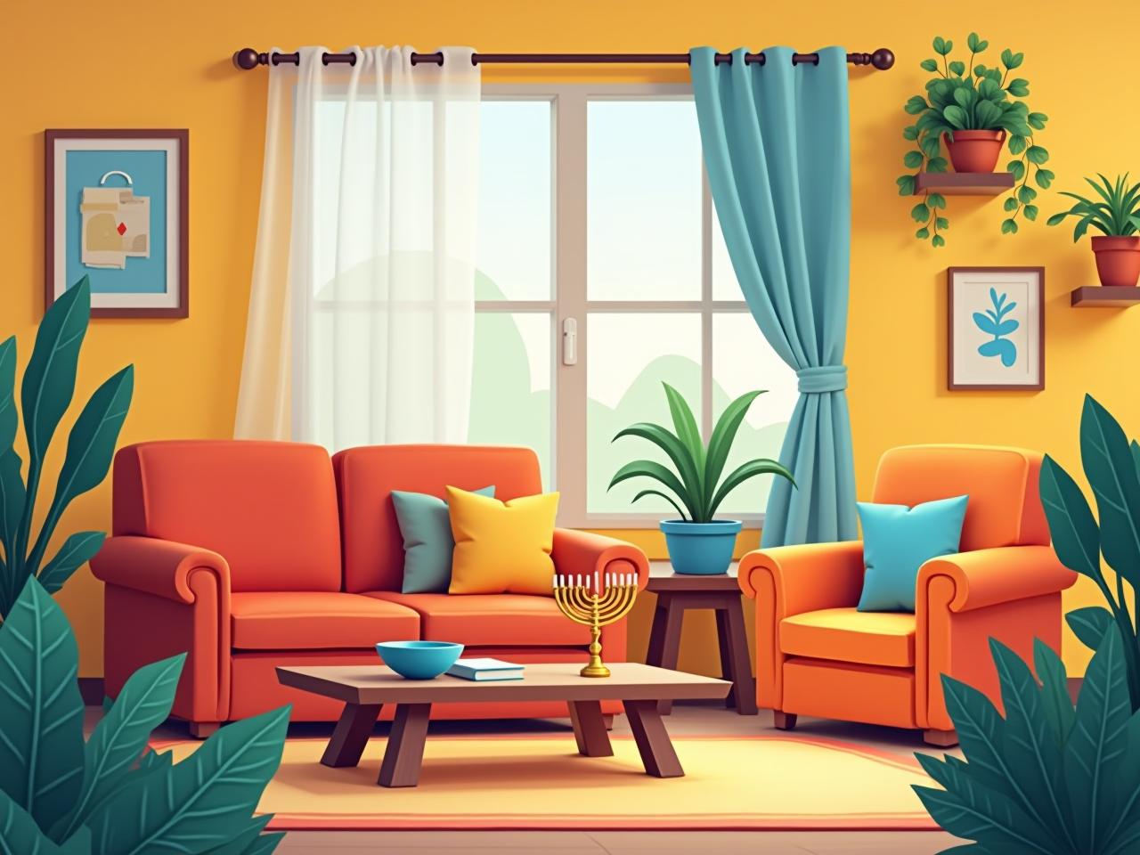 A brightly colored living room with plants and cheerful decorations.