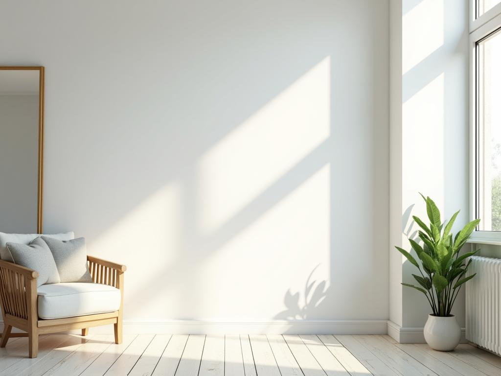 Bright and airy living room with natural light, white walls, and a large mirror reflecting the light. Plants are placed near the window.