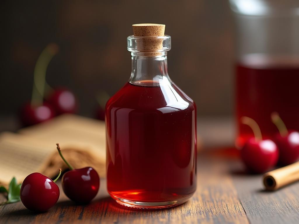 Homemade cherry liqueur in a glass bottle, with fresh cherries and a cinnamon stick in the background.