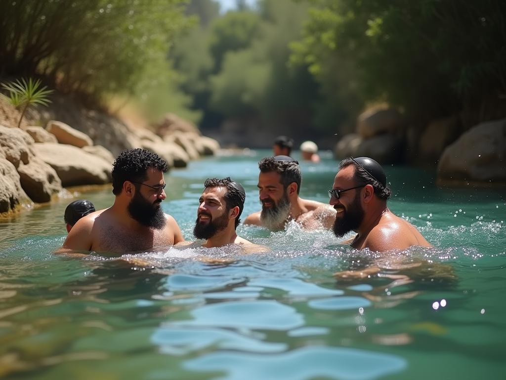 A group of Orthodox Jewish men enjoying a refreshing dip in a natural spring on a hot summer day.