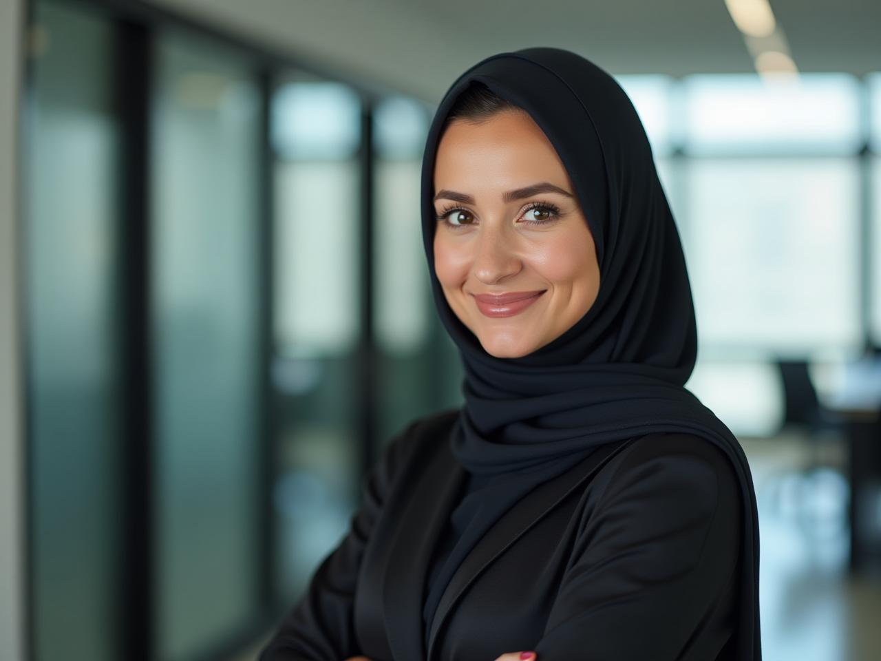 A woman wearing modest and stylish clothing in a modern office environment.