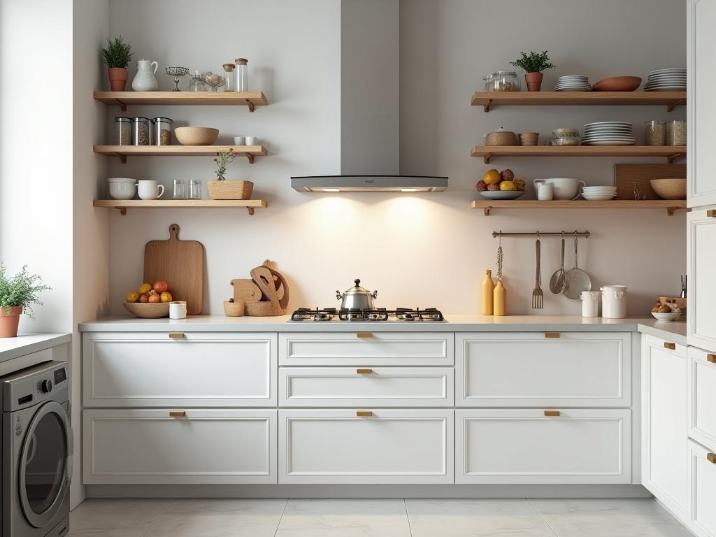 A well-organized kitchen with floating shelves, spice racks, and pull-out drawers, showcasing efficient storage solutions.