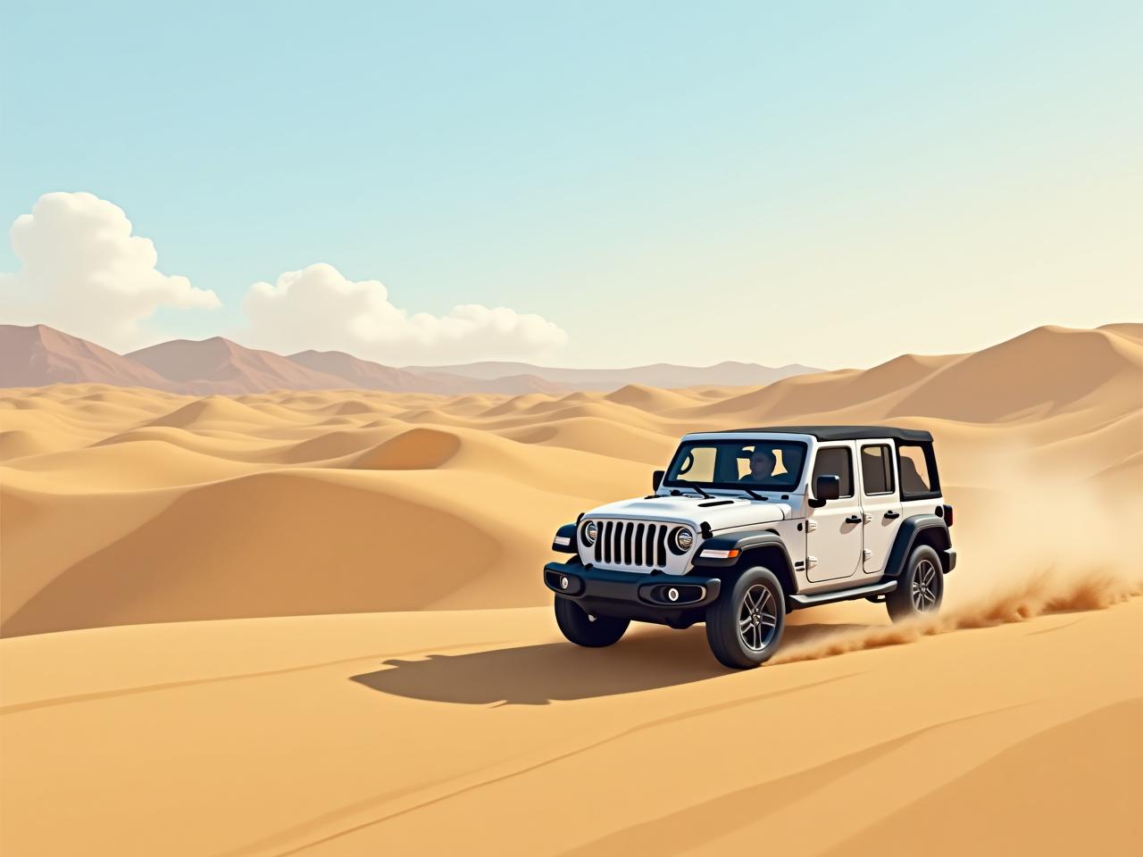 A jeep driving through the desert landscape of the Negev, with mountains in the background.