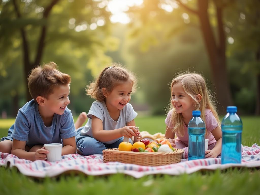 A family enjoying a picnic in nature, with homemade food and reusable water bottles.